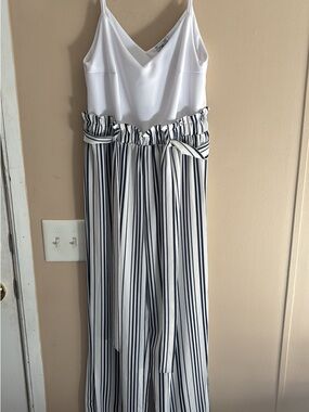 White V-Neck Camisole with Navy & White Striped Paperbag Pants